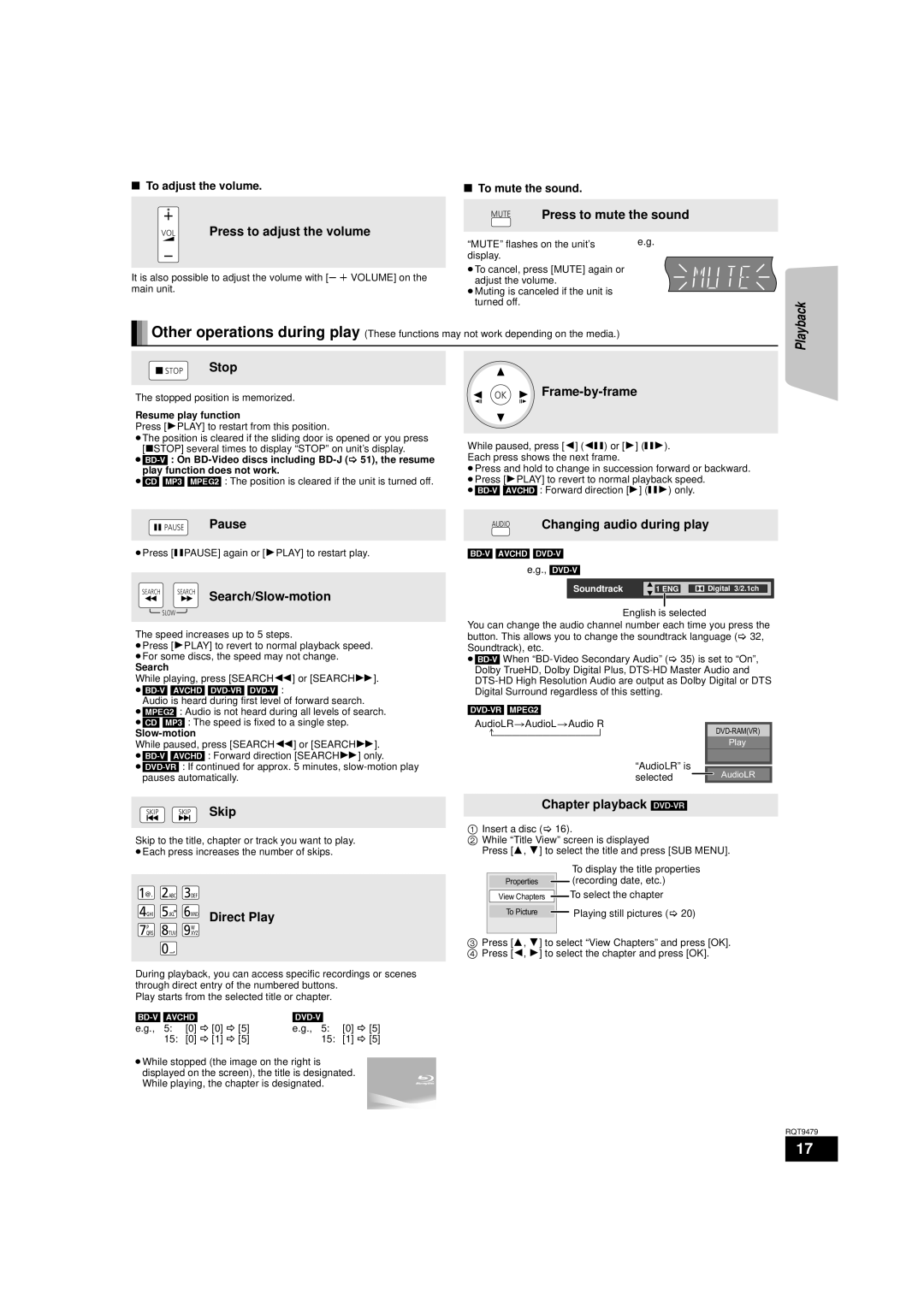 Panasonic SC-BTX70 VOL Press to adjust the volume, Press to mute the sound, OK Frame-by-frame, Chapter playback DVD-VR 