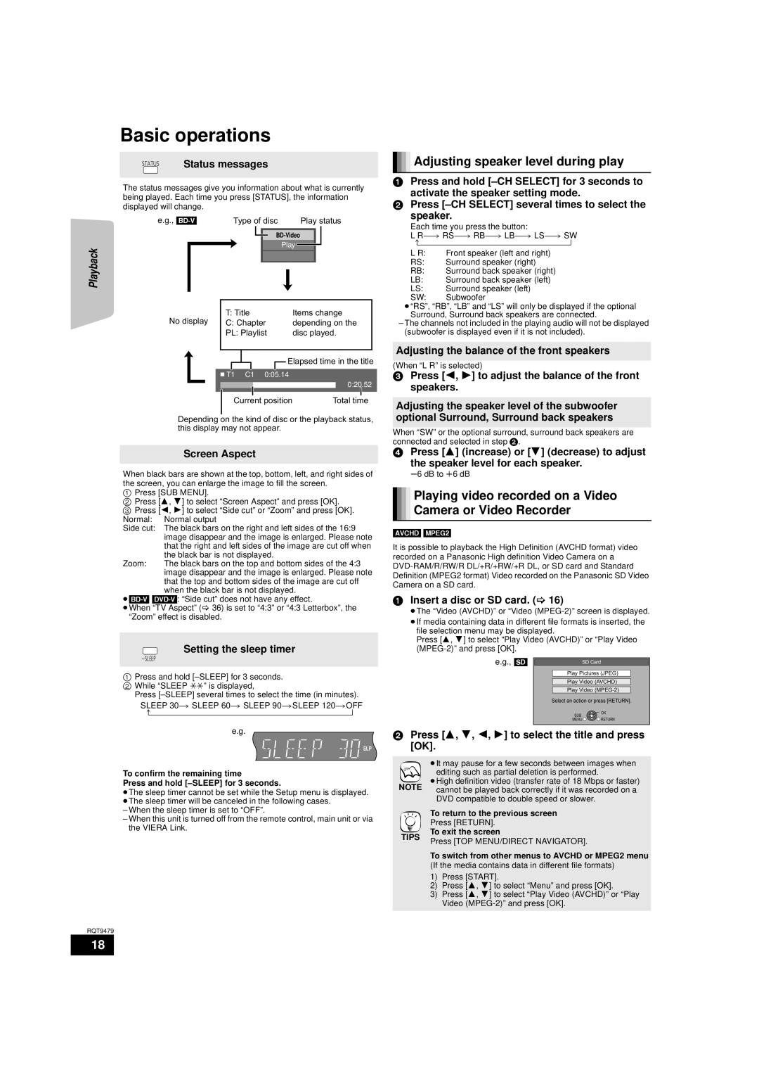 Panasonic SA-BTX70, SC-BTX70 warranty Basic operations, Adjusting speaker level during play 