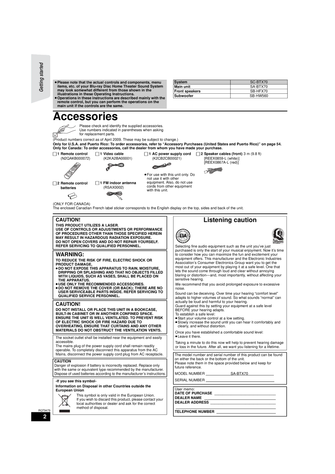 Panasonic SA-BTX70 warranty Accessories, SC-BTX70, SB-HFX70 