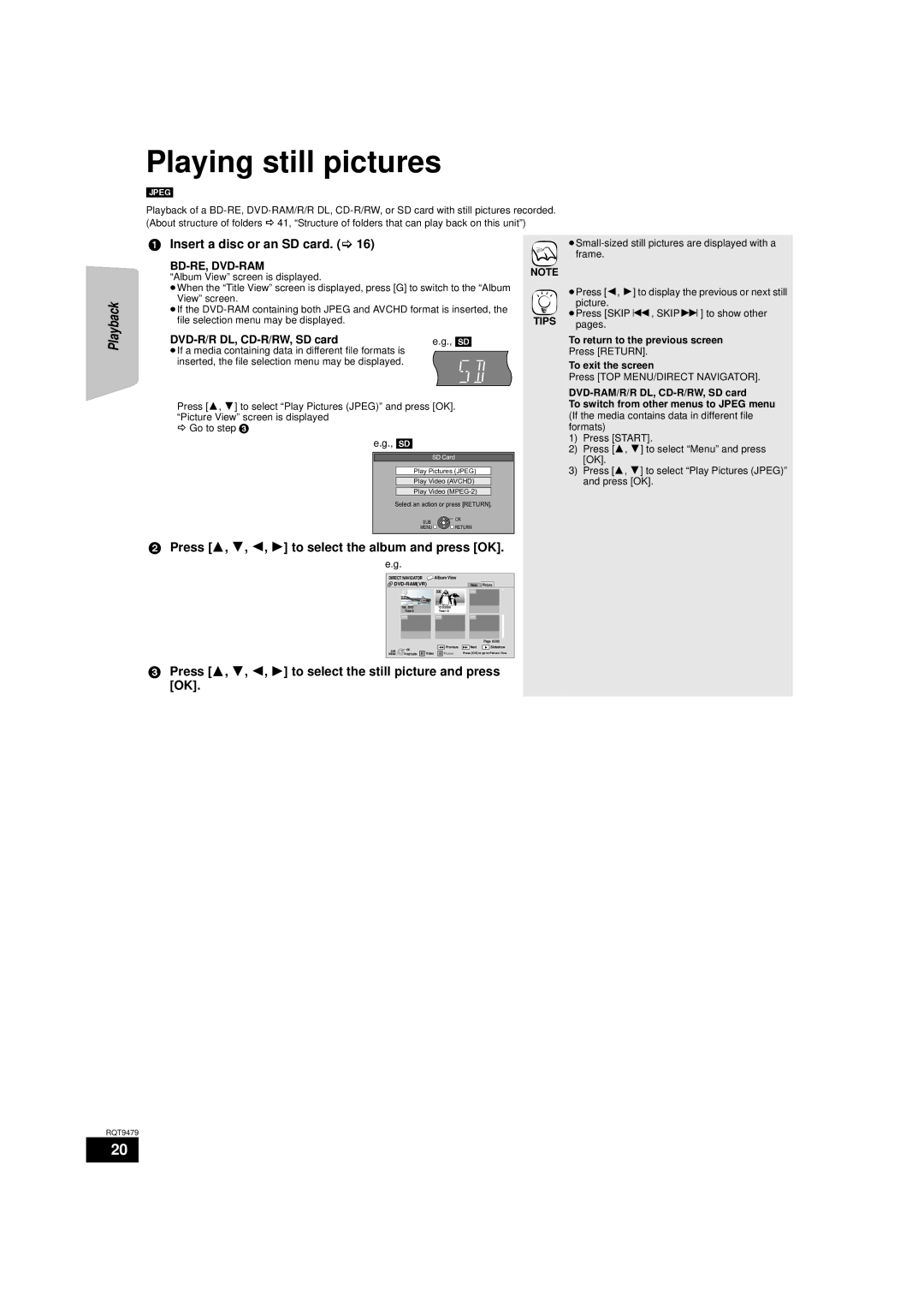 Panasonic SA-BTX70 Playing still pictures, Insert a disc or an SD card, Press 3, 4, 2, 1 to select the album and press OK 