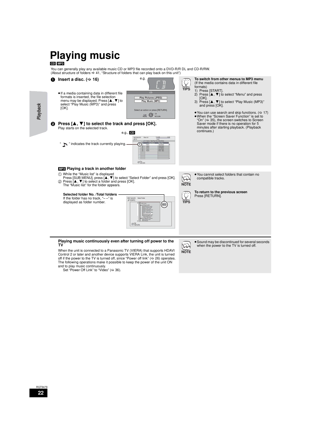 Panasonic SA-BTX70, SC-BTX70 warranty Playing music, Insert a disc, Press 3, 4 to select the track and press OK 