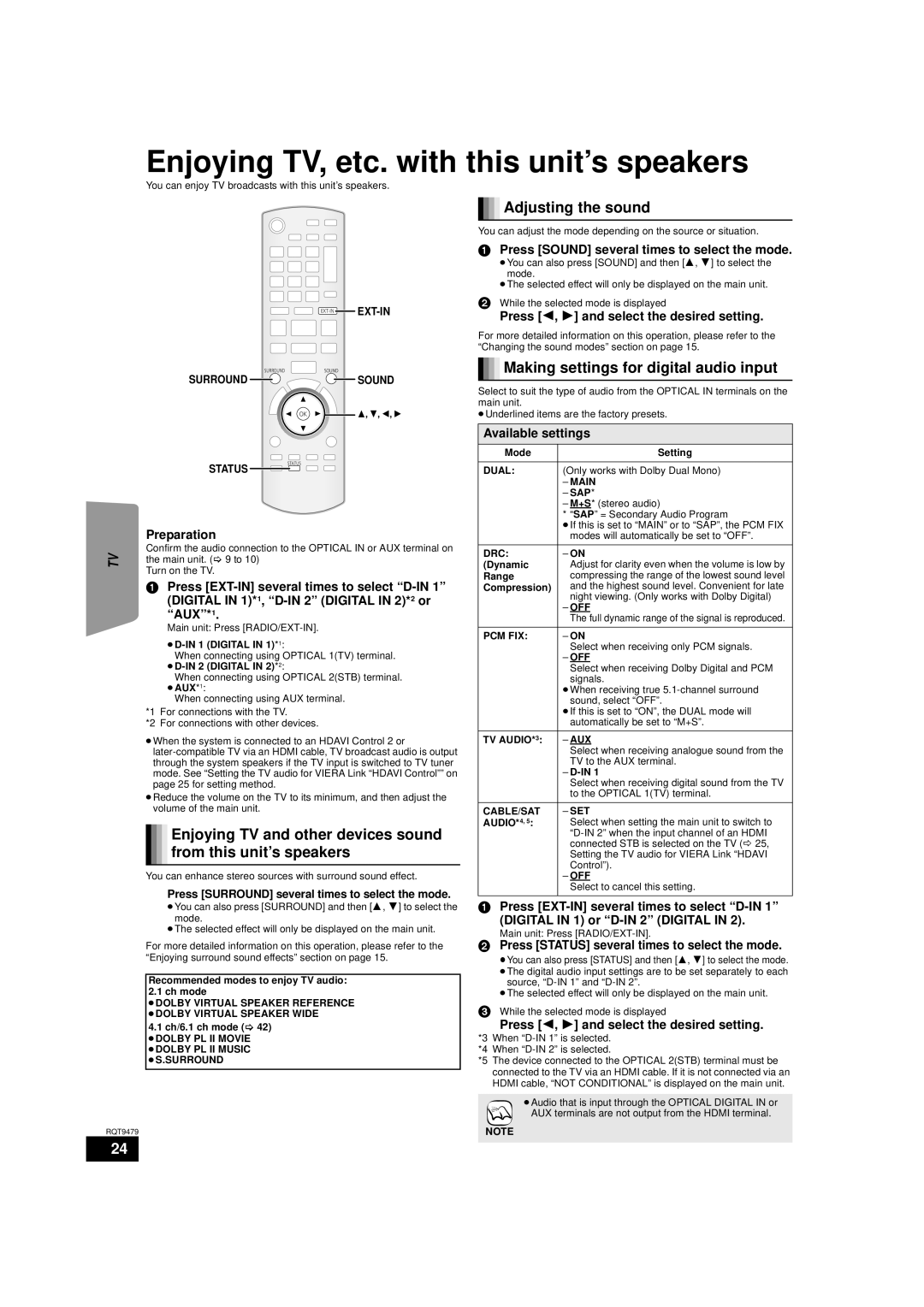 Panasonic SA-BTX70, SC-BTX70 warranty Enjoying TV, etc. with this unit’s speakers, Adjusting the sound, Available settings 