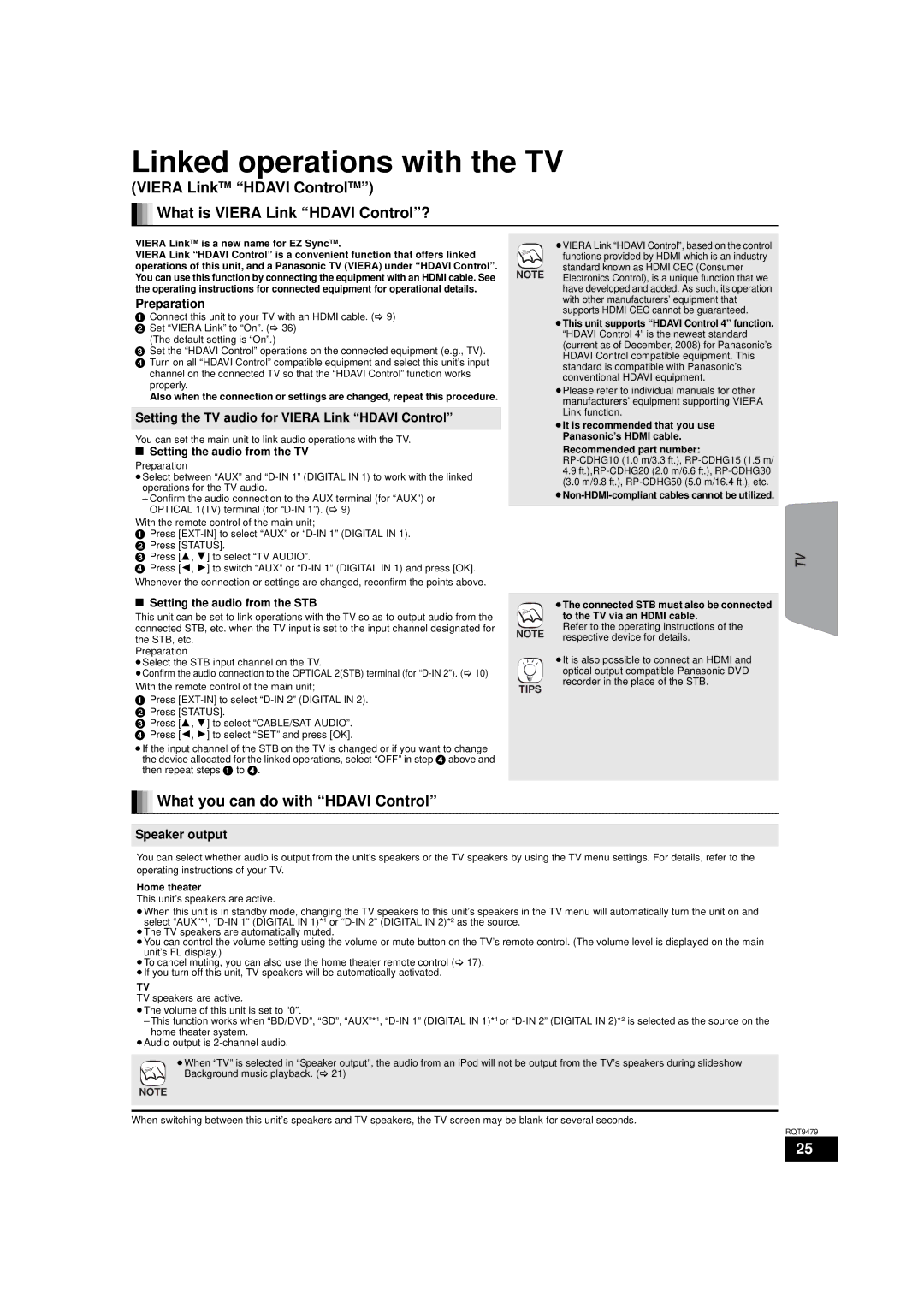 Panasonic SC-BTX70, SA-BTX70 warranty Linked operations with the TV, What you can do with Hdavi Control, Speaker output 