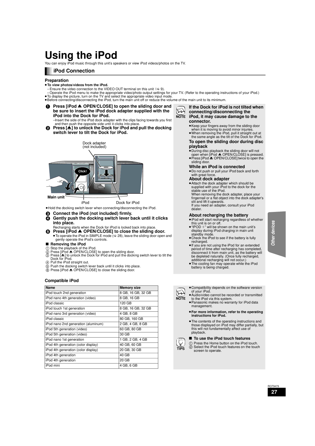 Panasonic SC-BTX70, SA-BTX70 warranty Using the iPod, IPod Connection 