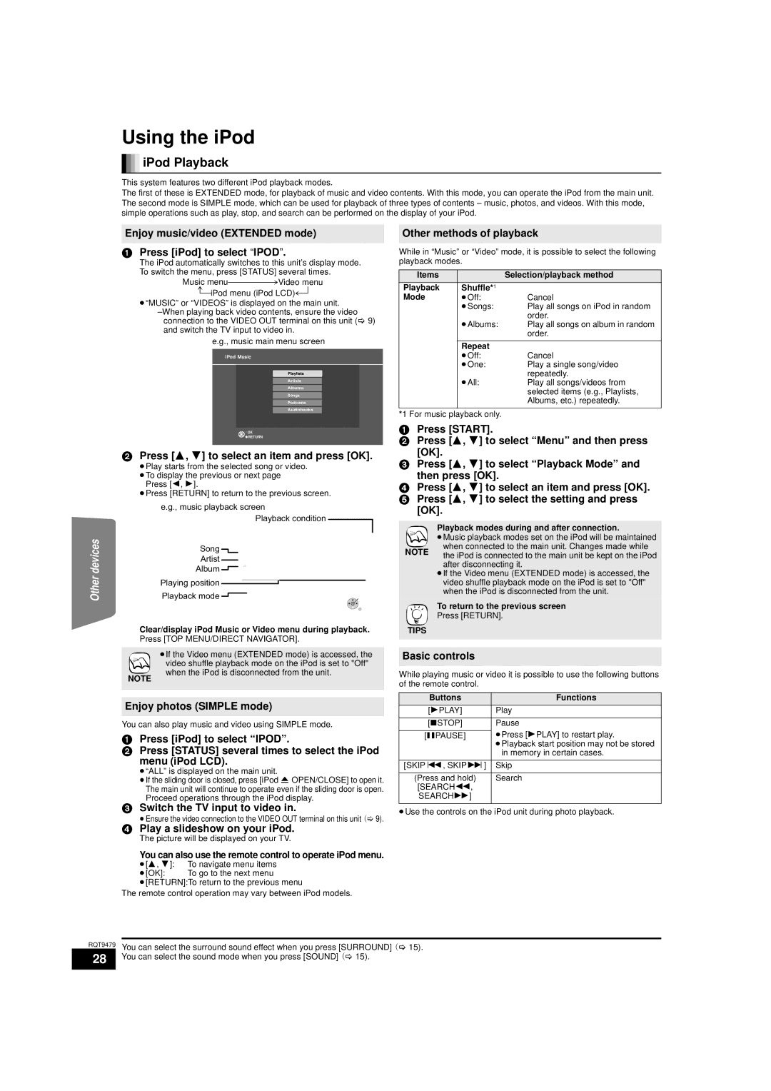 Panasonic SA-BTX70, SC-BTX70 warranty Using the iPod, IPod Playback 