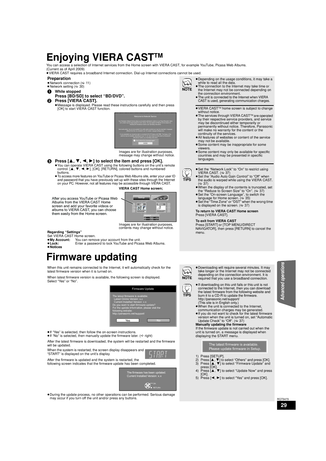 Panasonic SC-BTX70 warranty Press BD/SD to select BD/DVD Press Viera Cast, Press 3, 4, 2, 1 to select the item and press OK 