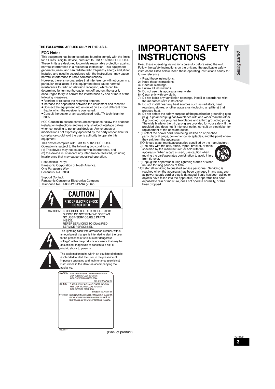 Panasonic SC-BTX70, SA-BTX70 warranty FCC Note, Following Applies only in the U.S.A 