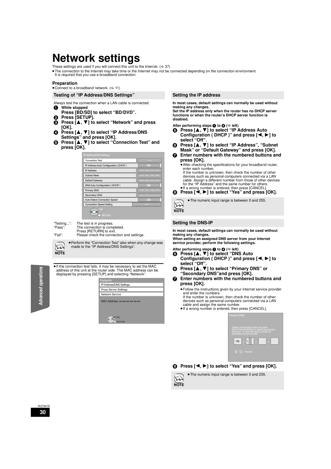 Panasonic SA-BTX70 Network settings, Testing of IP Address/DNS Settings, Setting the IP address, Setting the DNS-IP 