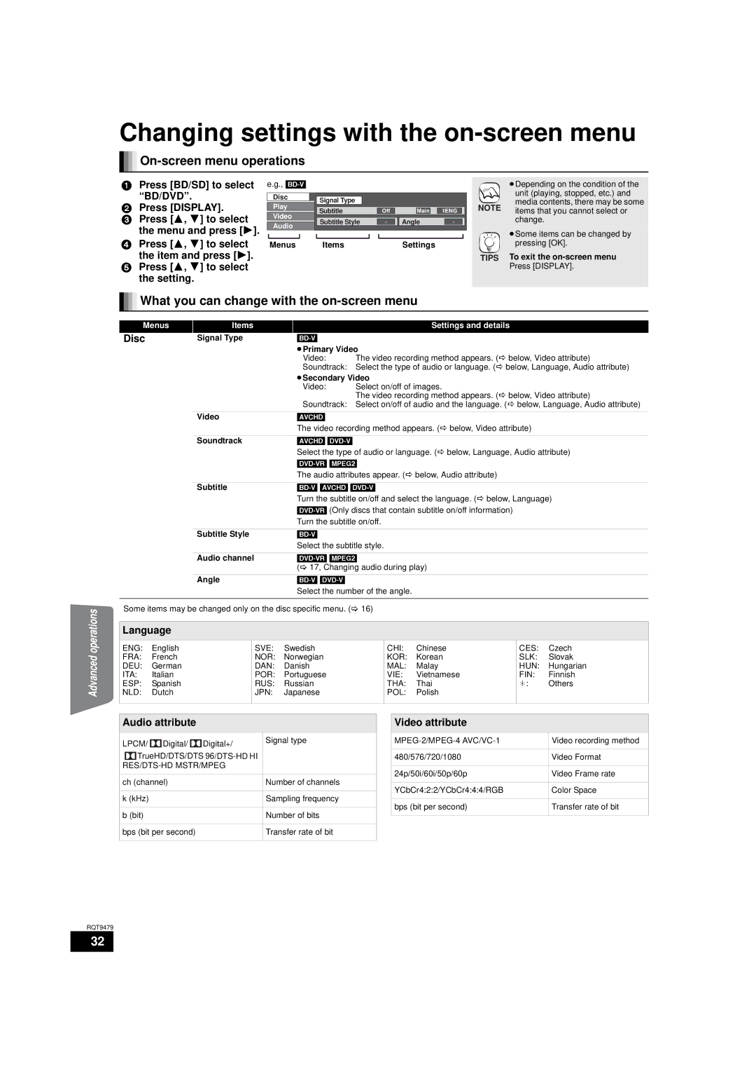 Panasonic SA-BTX70, SC-BTX70 warranty Changing settings with the on-screen menu, On-screen menu operations 