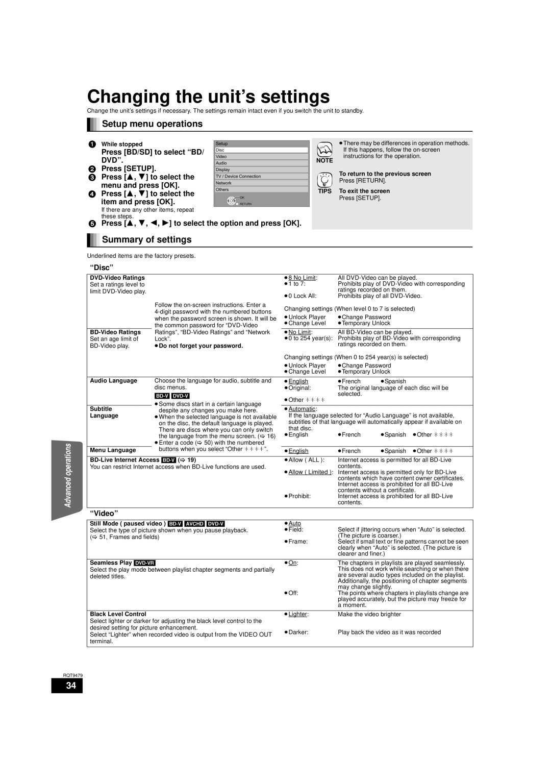 Panasonic SA-BTX70, SC-BTX70 warranty Changing the unit’s settings, Setup menu operations, Summary of settings 