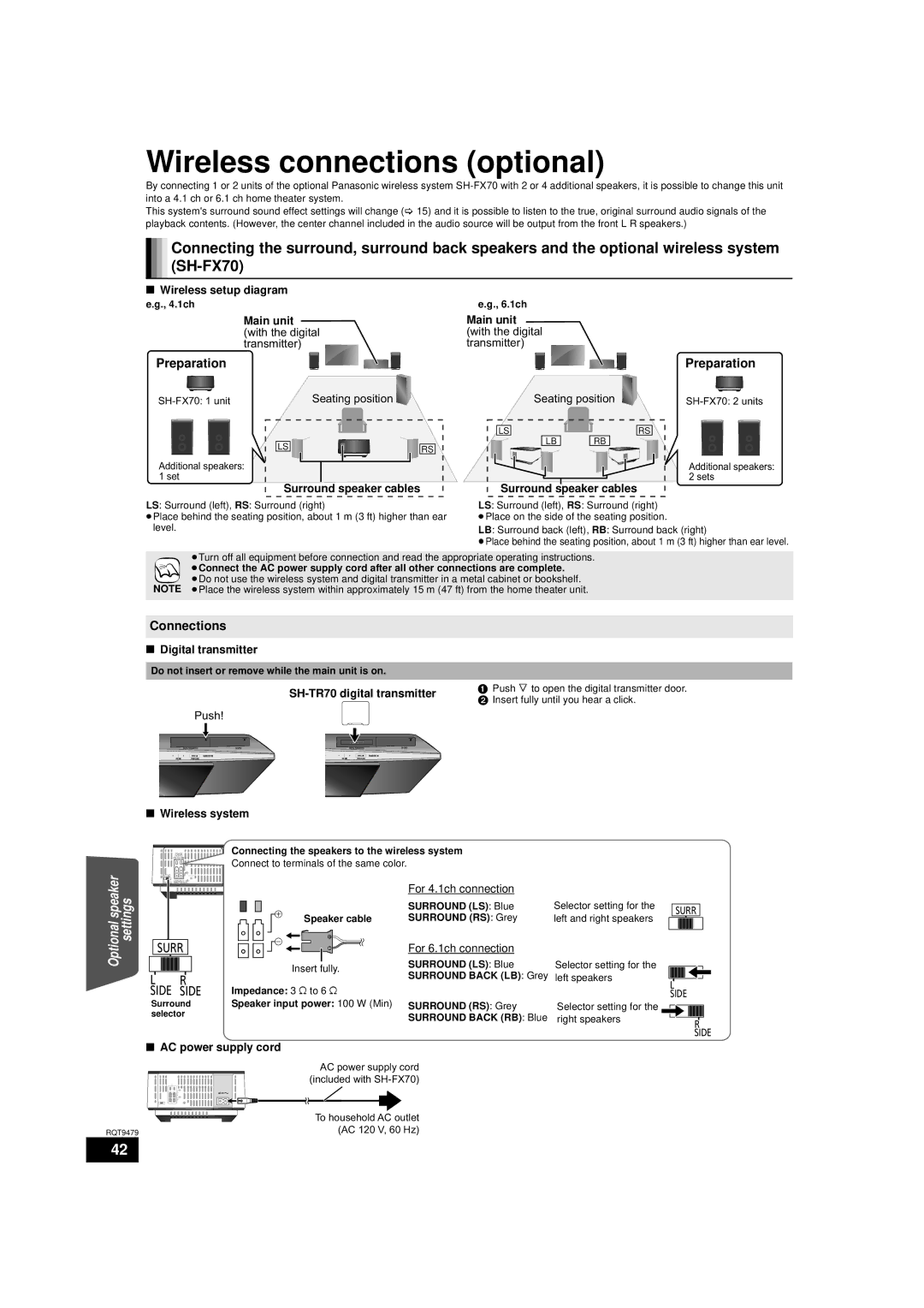 Panasonic SA-BTX70, SC-BTX70 warranty Wireless connections optional, Connections 