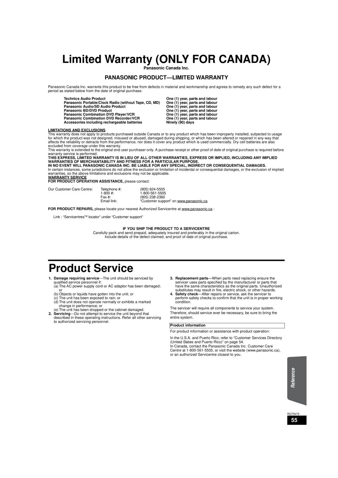 Panasonic SC-BTX70, SA-BTX70 warranty Limited Warranty only for Canada, Product Service, Panasonic Canada Inc 