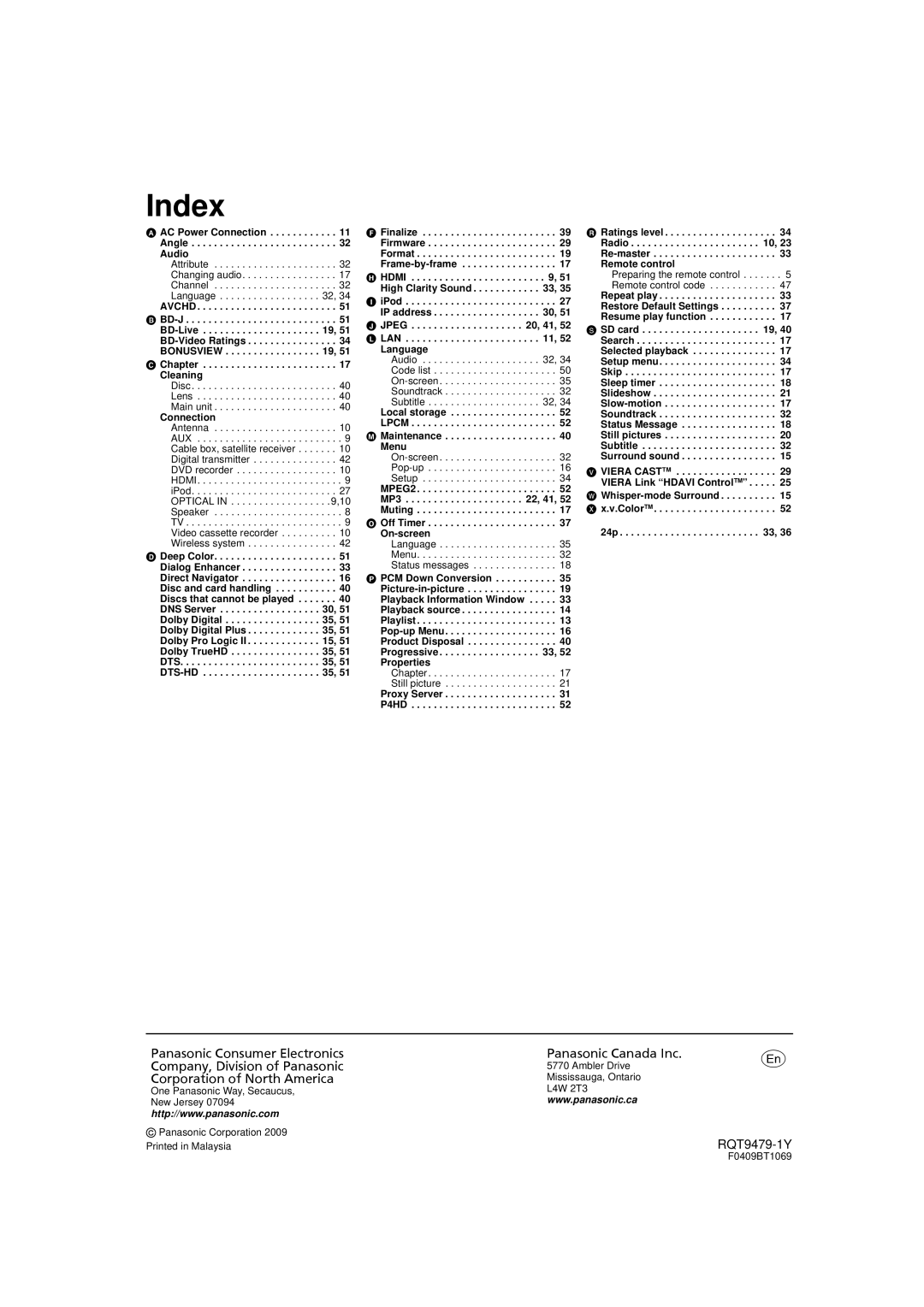 Panasonic SA-BTX70, SC-BTX70 warranty Index 