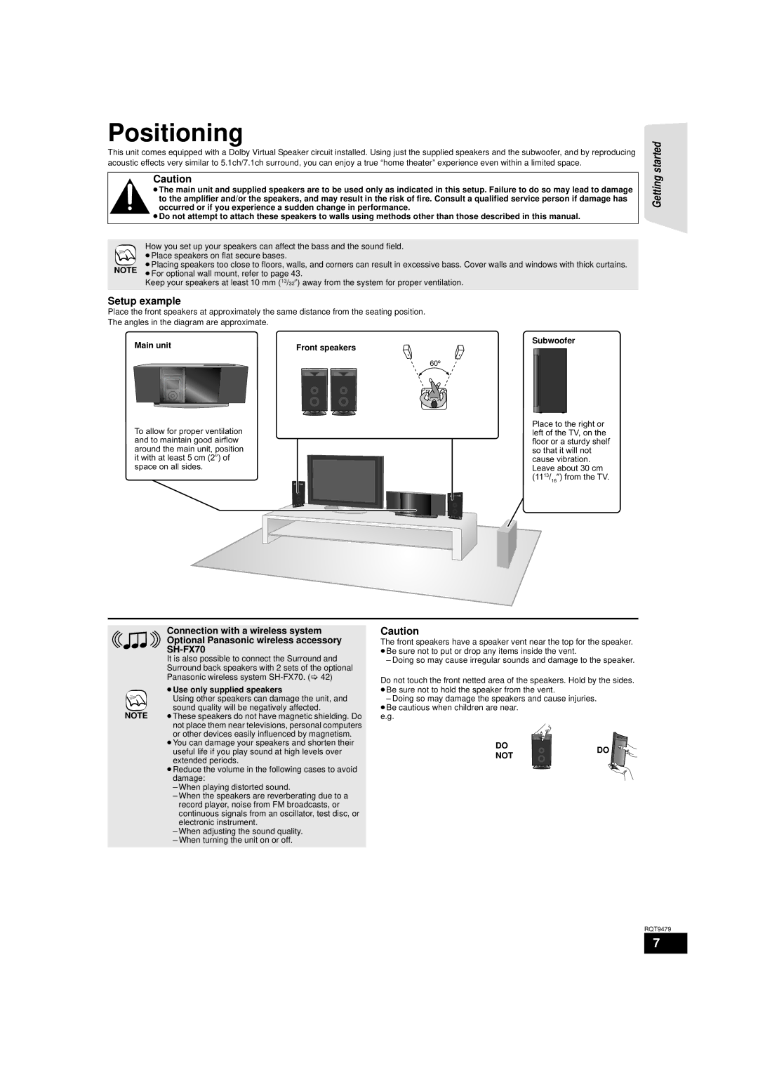 Panasonic SC-BTX70, SA-BTX70 warranty Positioning, Setup example, Main unit Subwoofer, ≥Use only supplied speakers, Dodo Not 