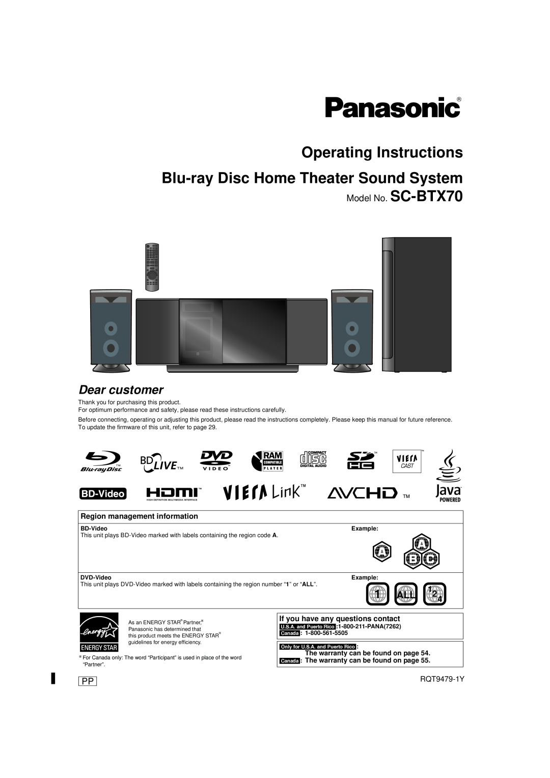 Panasonic warranty Model No. SC-BTX70, Region management information, If you have any questions contact, RQT9479-1Y 