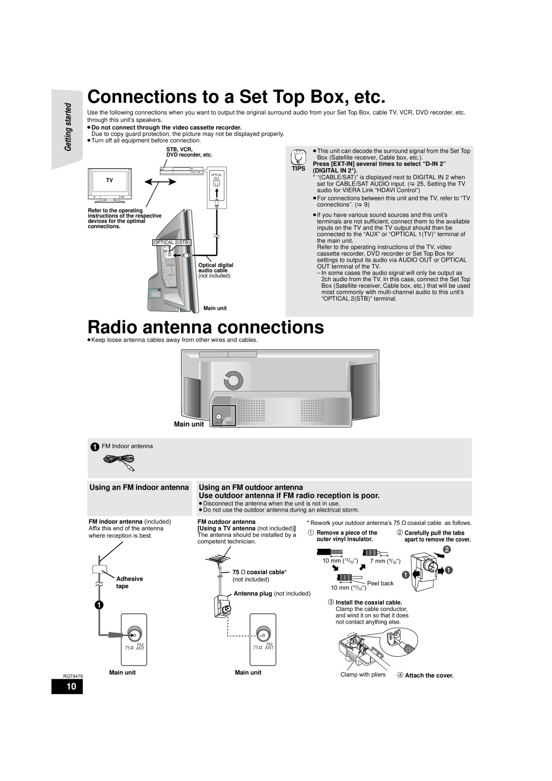 Panasonic SA-BTX70, SC-BTX70 Connections to a Set Top Box, etc, Radio antenna connections, Getting started, Main unit 