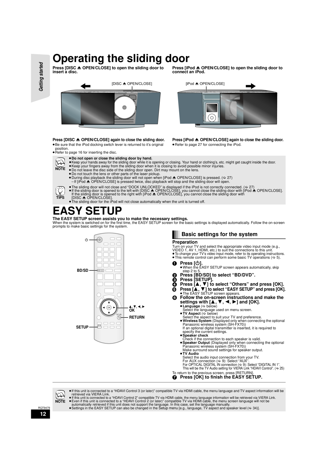 Panasonic SA-BTX70 Operating the sliding door, Easy Setup, Basic settings for the system, Preparation, 1Press Í, Return 