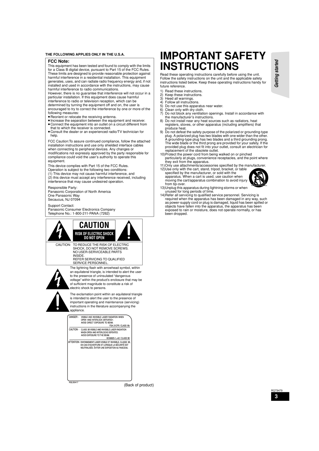 Panasonic SC-BTX70, SA-BTX70 Important Safety Instructions, FCC Note, Risk Of Electric Shock Do Not Open, Getting started 