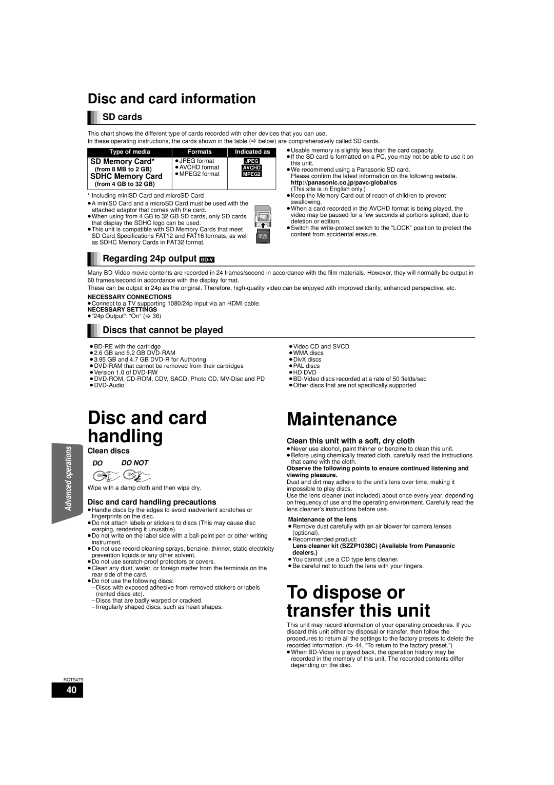 Panasonic SA-BTX70 Disc and card handling, Maintenance, To dispose or transfer this unit, Disc and card information 