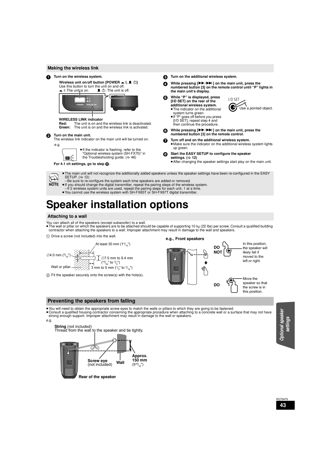 Panasonic SC-BTX70 Speaker installation options, Making the wireless link, Attaching to a wall, e.g., Front speakers, Wall 