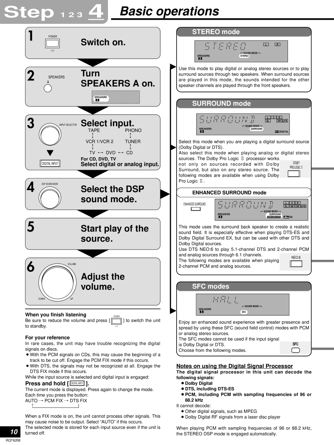 Panasonic SA-HE100 important safety instructions 3 4 Basic operations, Stereo mode, Surround mode, SFC modes 