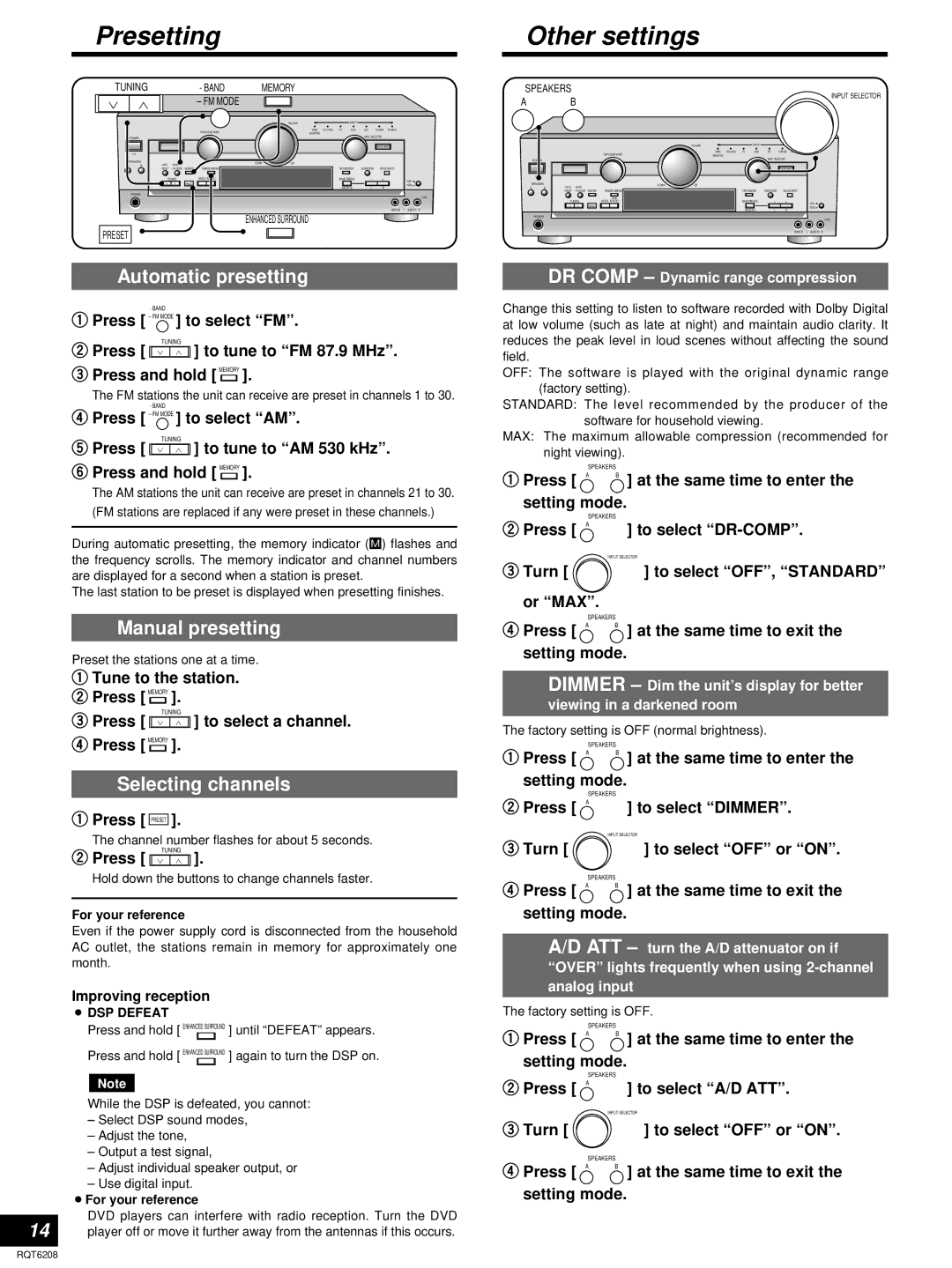 Panasonic SA-HE100 Presetting Other settings, Automatic presetting, Manual presetting, Selecting channels 