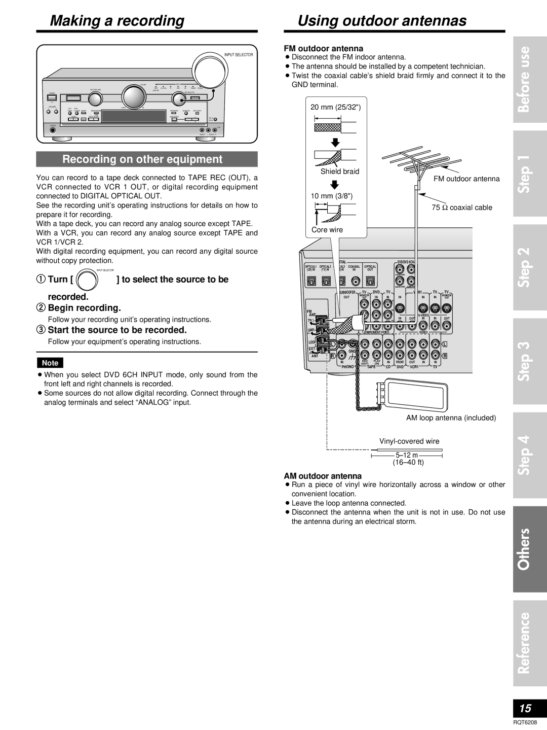 Panasonic SA-HE100 Making a recording, Using outdoor antennas, Use, Recording on other equipment 