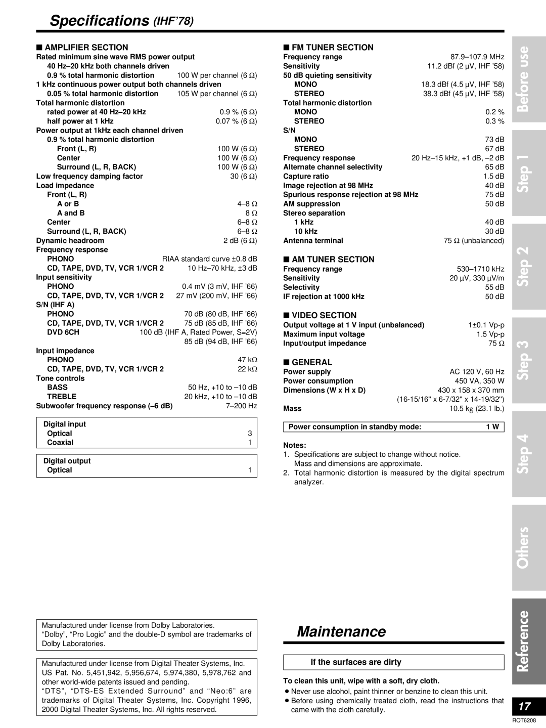 Panasonic SA-HE100 Specifications IHF’78, Before use Step Others, Maintenance, If the surfaces are dirty 