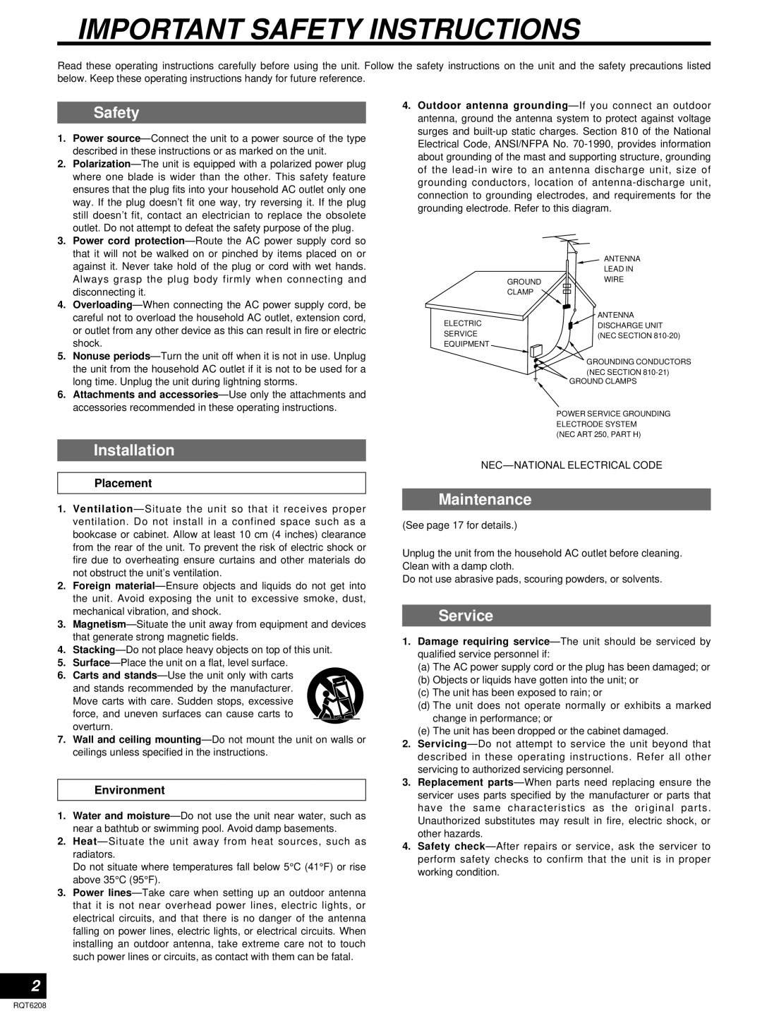 Panasonic SA-HE100 important safety instructions Safety, Installation, Maintenance, Service 