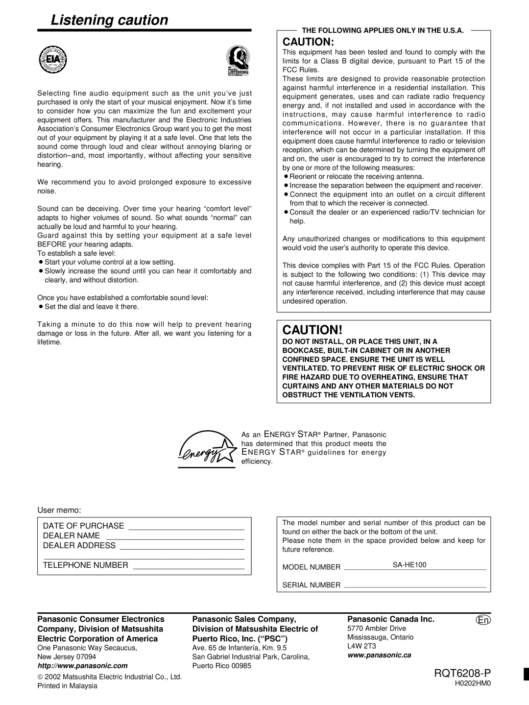 Panasonic SA-HE100 Listening caution, Electric Corporation of America Puerto Rico, Inc. PSC, Ambler Drive, H0202HM0 