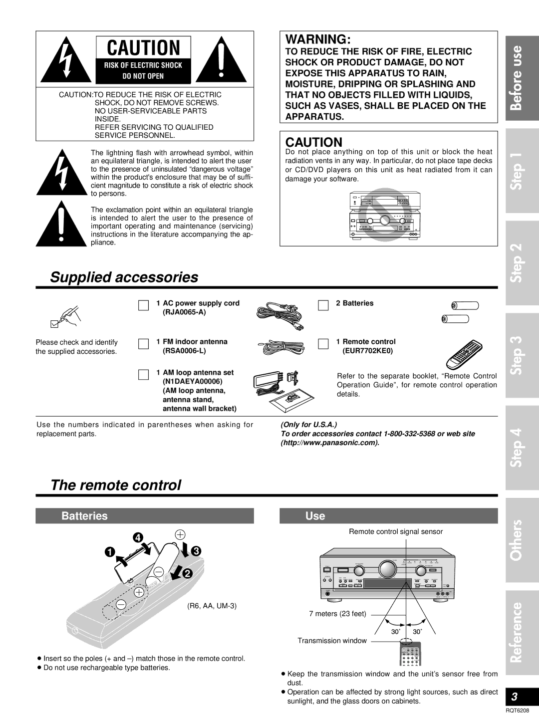 Panasonic SA-HE100 important safety instructions Supplied accessories, Remote control, Others, Batteries Use 