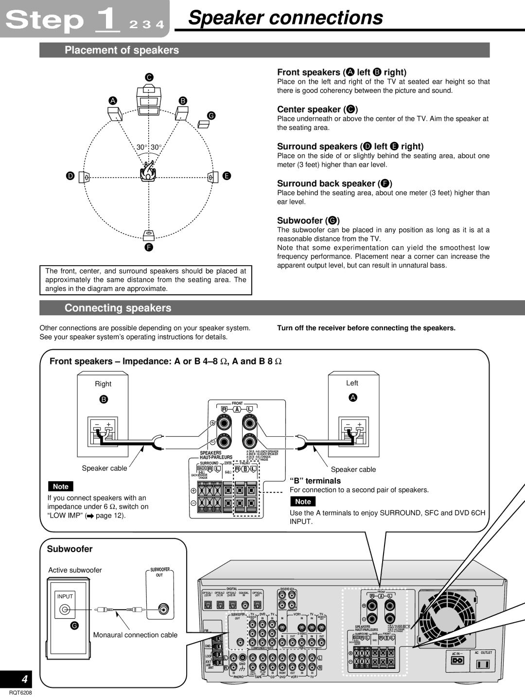 Panasonic SA-HE100 important safety instructions Speaker connections, Placement of speakers, Connecting speakers 