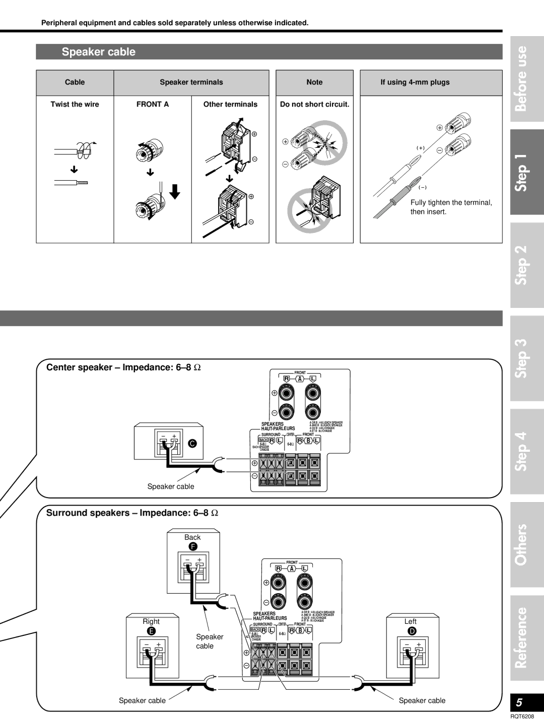 Panasonic SA-HE100 Step Others, Speaker cable, Center speaker Impedance 6-8 Ω, Surround speakers Impedance 6-8 Ω, Front a 