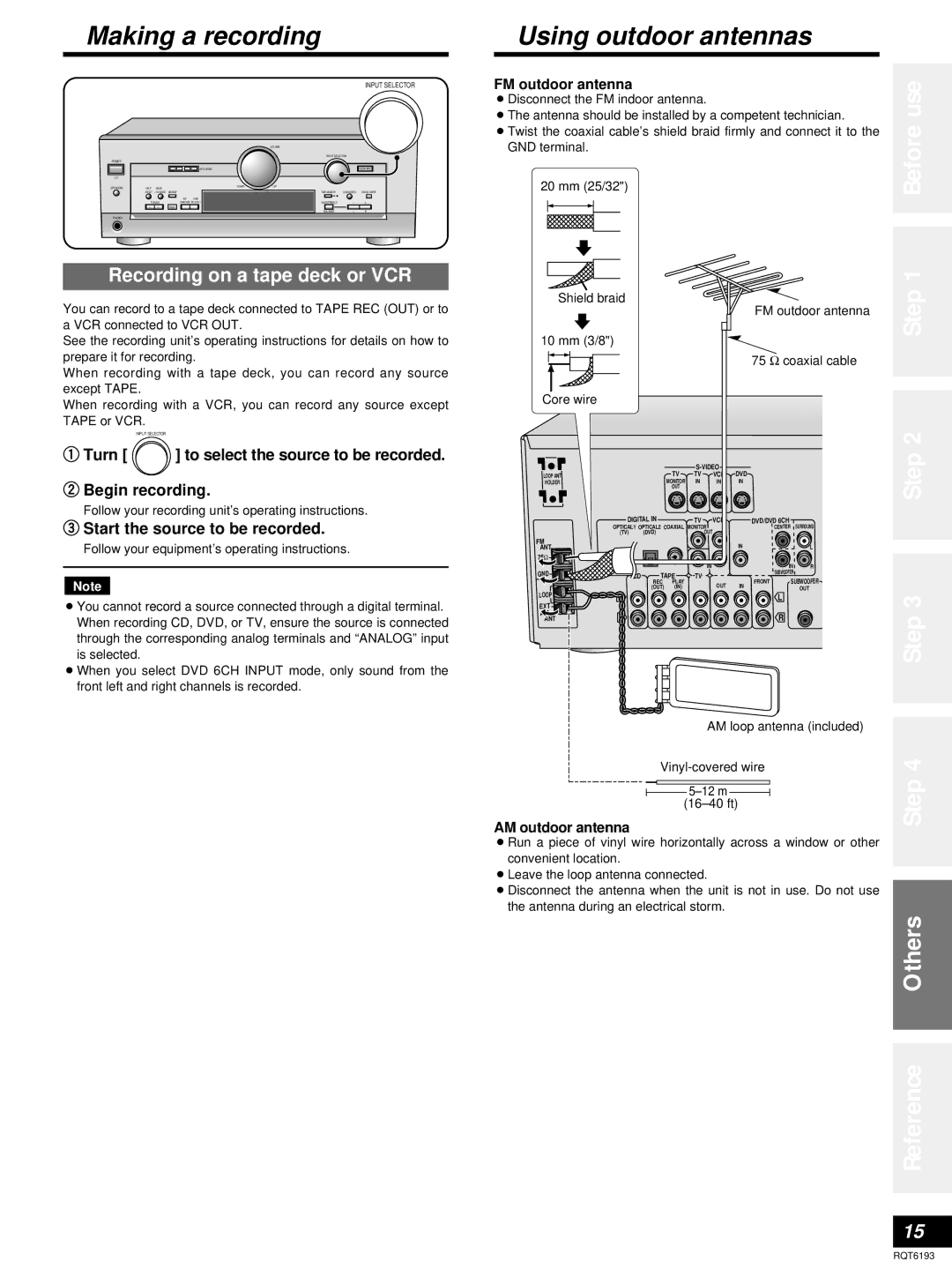 Panasonic SA-HE70 operating instructions Making a recording Using outdoor antennas, Recording on a tape deck or VCR 