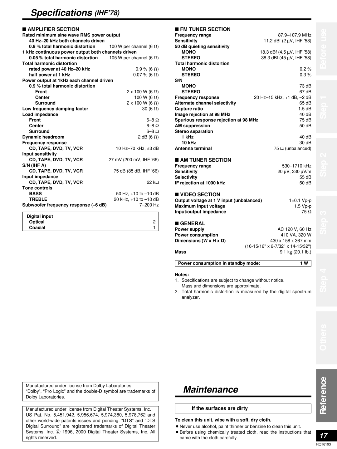 Panasonic SA-HE70 operating instructions Specifications IHF’78, Step Others, Maintenance, If the surfaces are dirty 