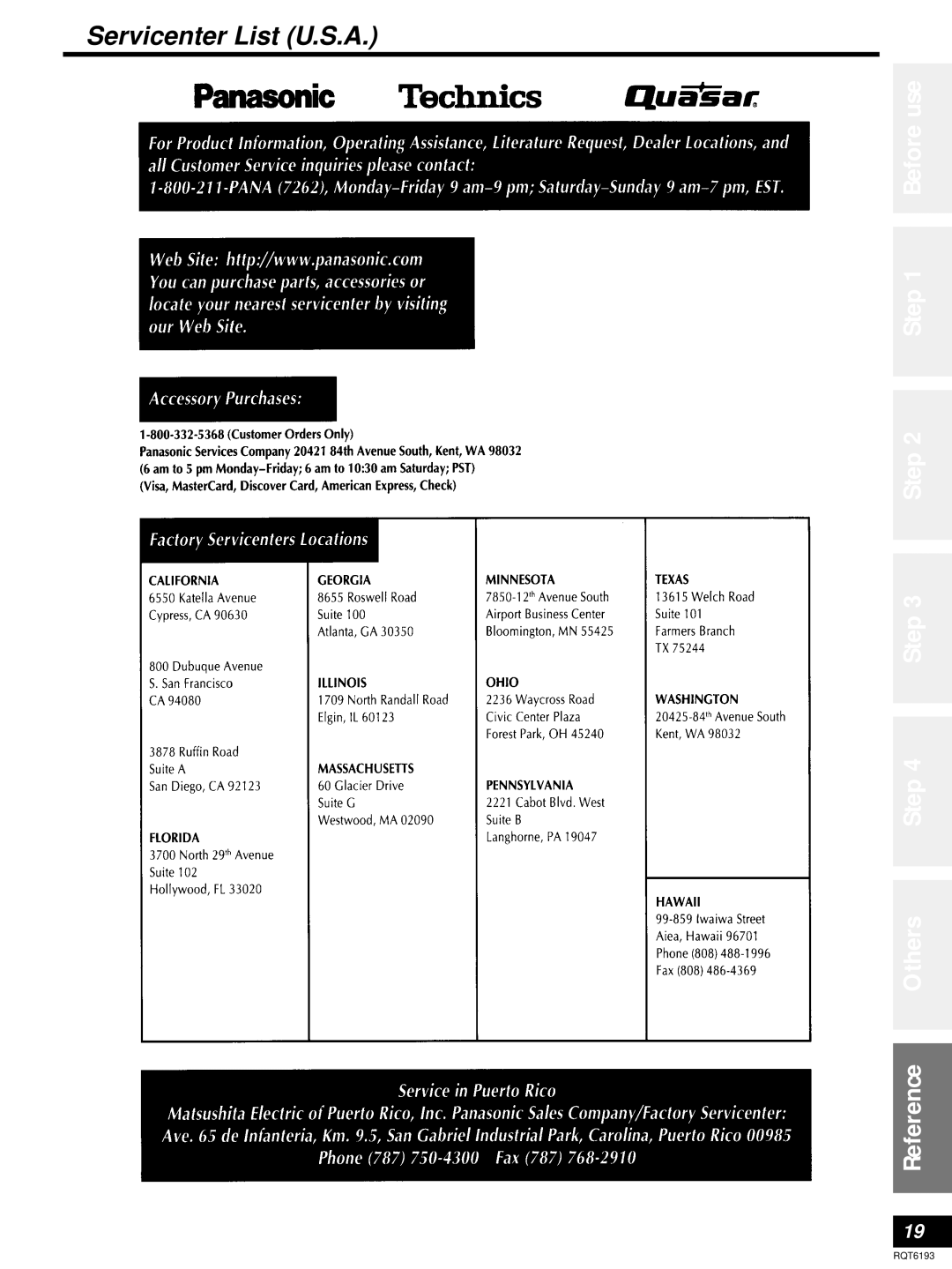 Panasonic SA-HE70 operating instructions Servicenter List U.S.A, Before use Step Others Reference 