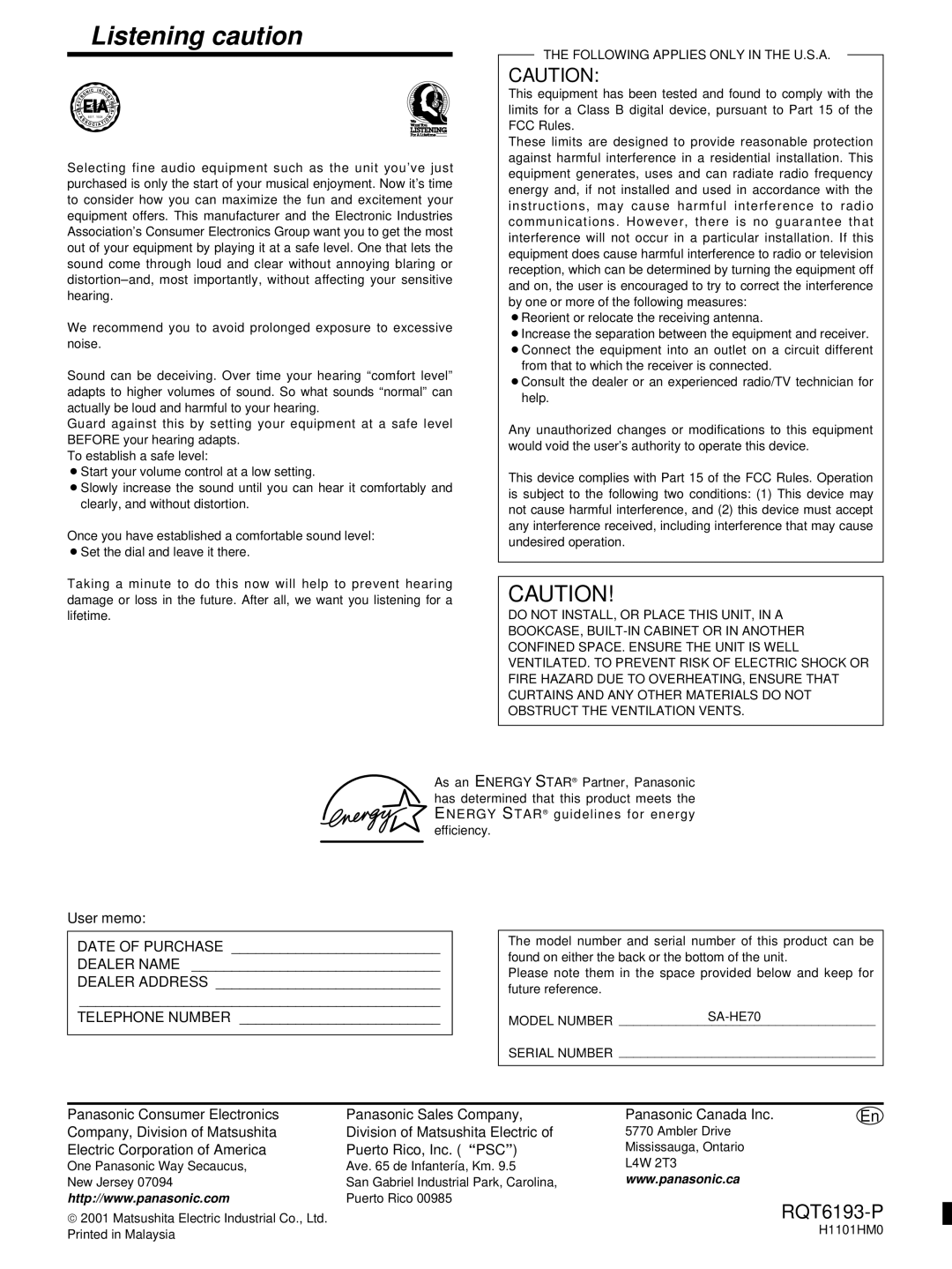 Panasonic SA-HE70 operating instructions Listening caution, Electric Corporation of America Puerto Rico, Inc. PSC 