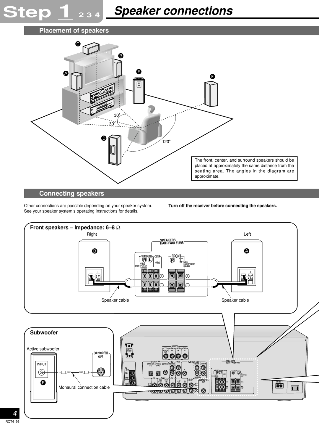 Panasonic SA-HE70 3 4 Speaker connections, Placement of speakers, Connecting speakers, Front speakers Impedance 6-8 Ω 