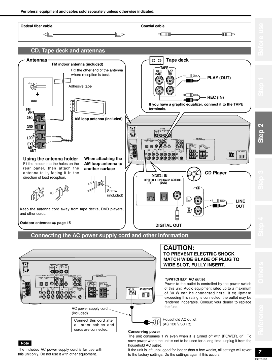 Panasonic SA-HE70 Before use, CD, Tape deck and antennas, Connecting the AC power supply cord and other information 