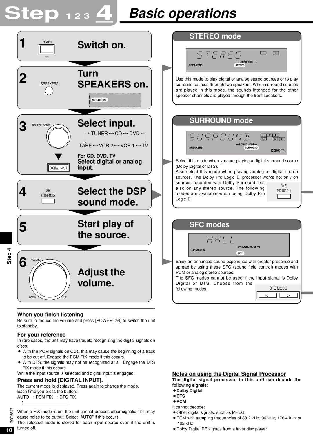 Panasonic SA-HE75 3 4 Basic operations, Stereo mode, Surround mode, SFC modes, Select digital or analog input 