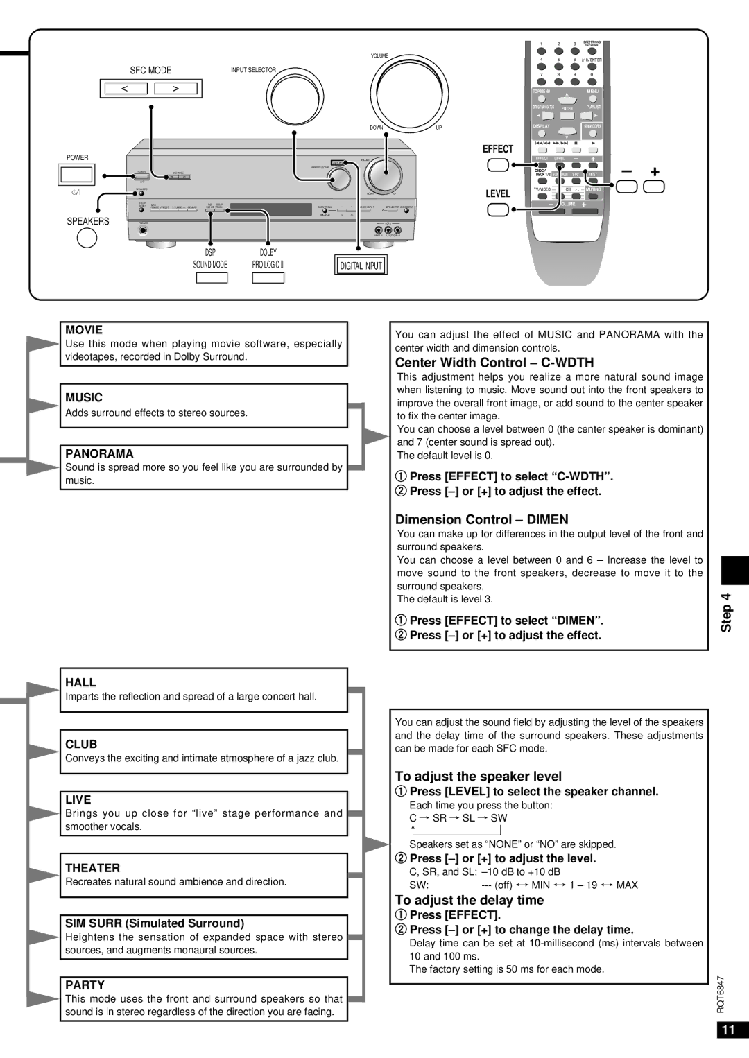 Panasonic SA-HE75 Center Width Control C-WDTH, Dimension Control Dimen, To adjust the speaker level 