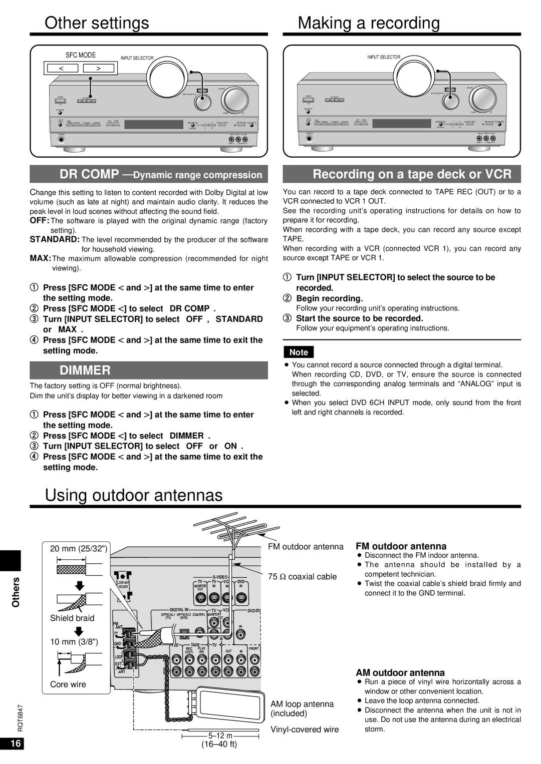 Panasonic SA-HE75 Other settings Making a recording, Using outdoor antennas, Recording on a tape deck or VCR 