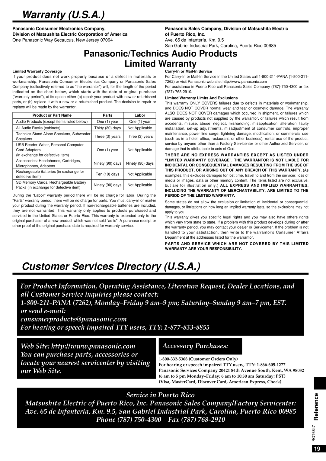 Panasonic SA-HE75 important safety instructions Warranty U.S.A, Customer Services Directory U.S.A 