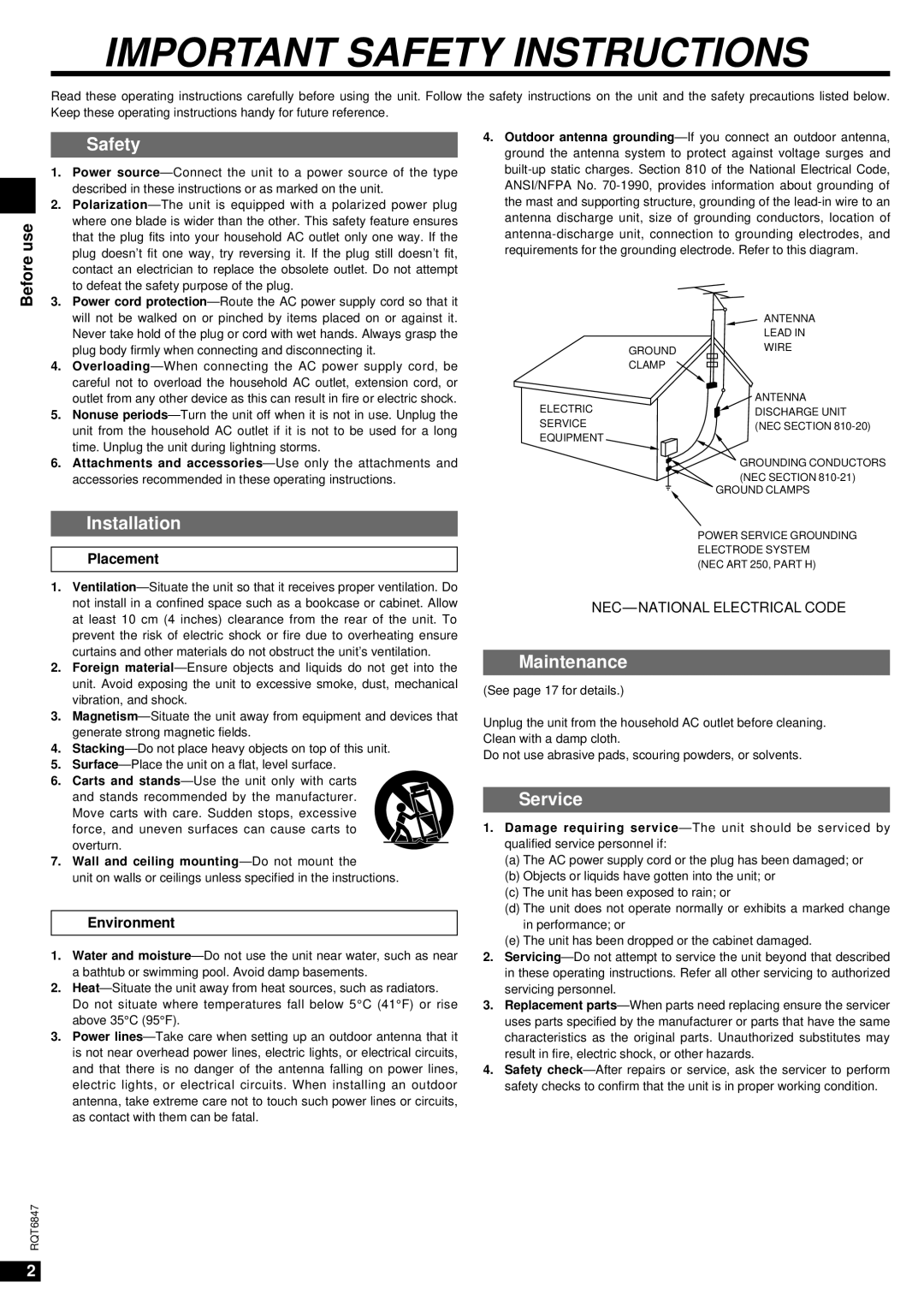 Panasonic SA-HE75 important safety instructions Before use, Placement, Environment 