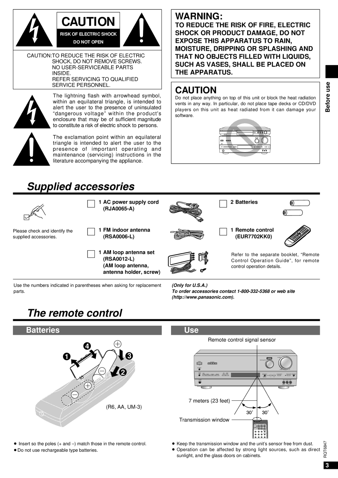 Panasonic SA-HE75 important safety instructions Supplied accessories, Remote control, Batteries, Use 