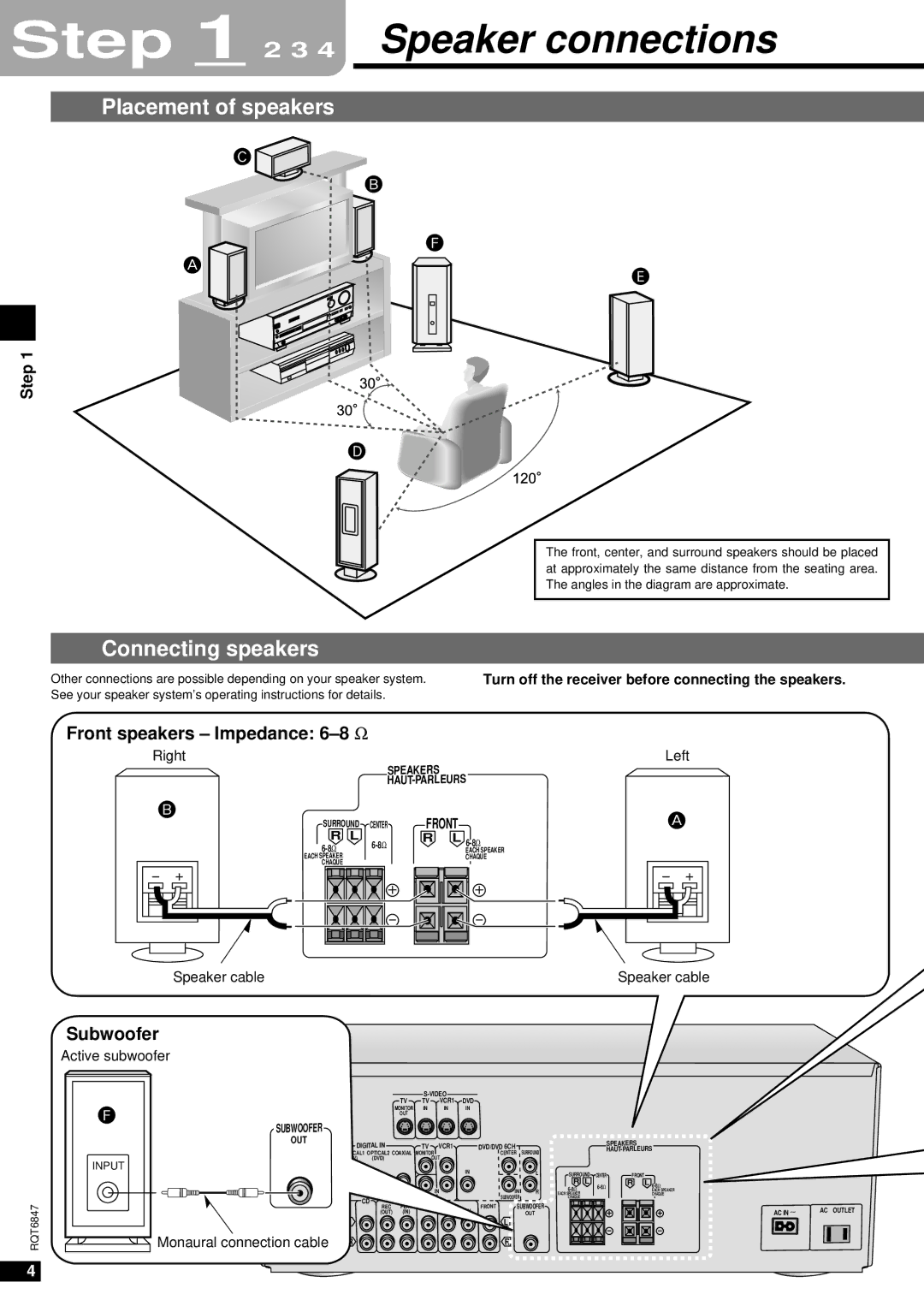 Panasonic SA-HE75 3 4 Speaker connections, Placement of speakers, Connecting speakers, Subwoofer 