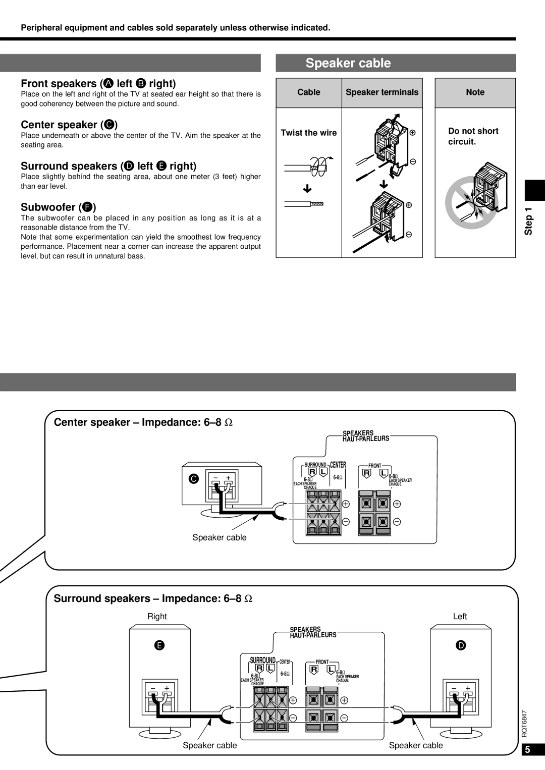 Panasonic SA-HE75 important safety instructions Speaker cable 