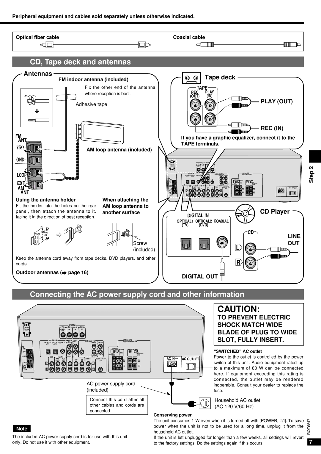 Panasonic SA-HE75 CD, Tape deck and antennas, Connecting the AC power supply cord and other information, Antennas 