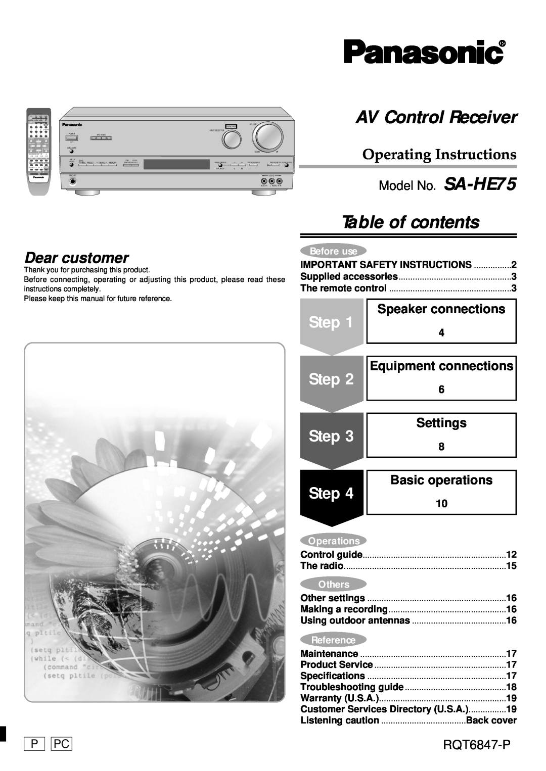 Panasonic important safety instructions Model No. SA-HE75, Speaker connections, Settings, Basic operations, RQT6847-P 