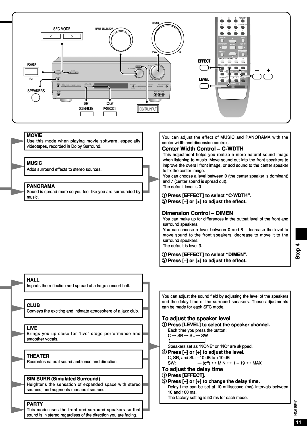 Panasonic SA-HE75 Center Width Control - C-WDTH, Dimension Control - DIMEN, To adjust the speaker level, Step 